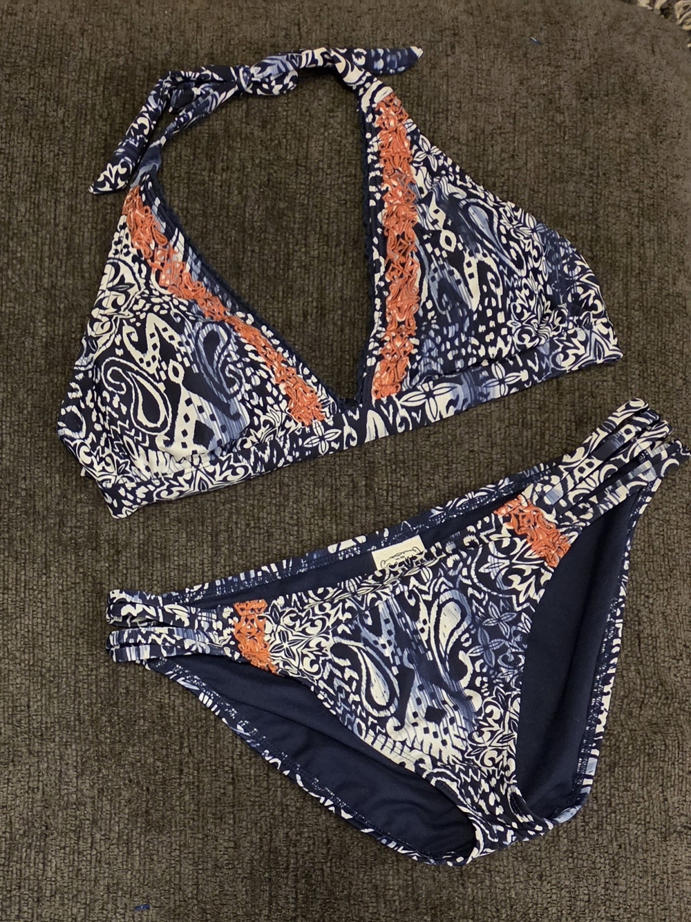 Lucky Brand Navy & White Paisley Bikini with Brown Embroidered Trim. Size M/L
